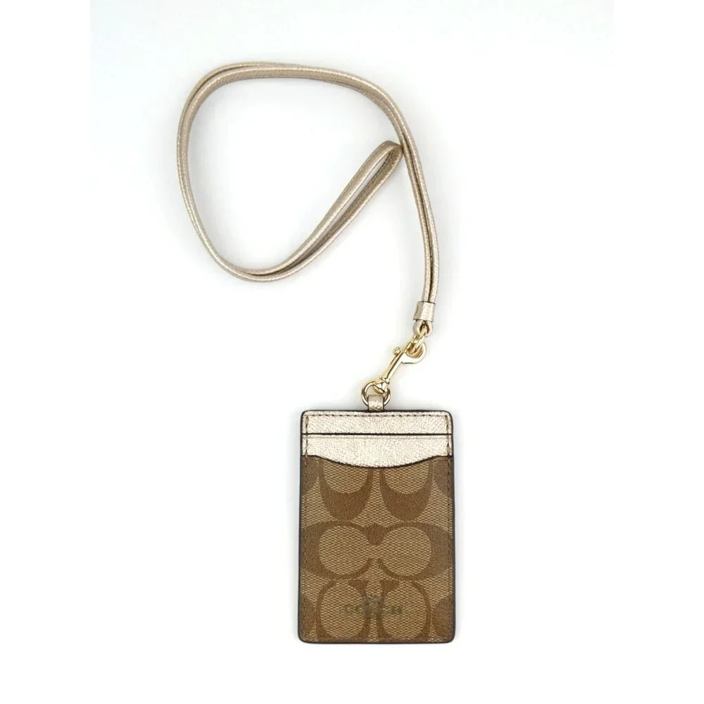 Coach Signature Khaki Brown ID Lanyard Card Holder